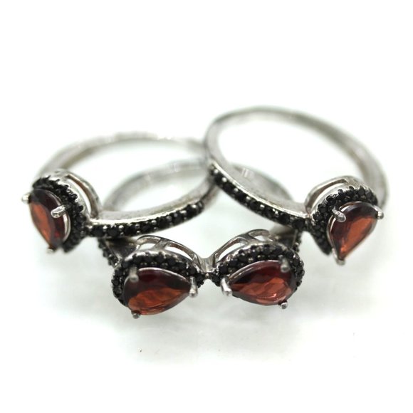 925 STERLING 3 stacking rings ruby red and black CZ's 7.4 grams Size 6 NOS - Picture 4 of 11